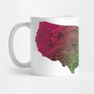 Colorful mandala art map of the United States of America in dark pink and green Mug